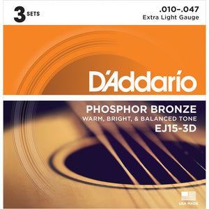 D'Addario 10 Extra Light Phosphor Bronze Guitar Strings 0.010-0.047 3 Pack