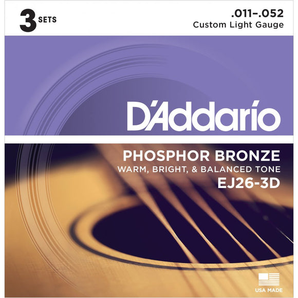 D'Addario 11 Light Phosphor Bronze Guitar Strings 0.011-0.052 3 Pack