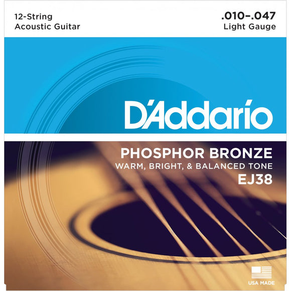D'Addario 12 Light Phosphor Bronze Guitar Strings 0.010-0.047